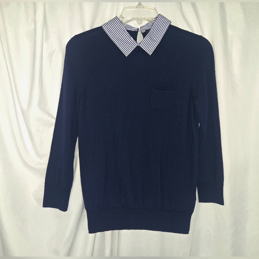 J. Crew Navy Sweater with Striped Collar Merino Wool Size S